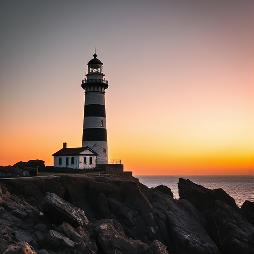 A lighthouse on a rocky coast at dusk, generated on the laptop