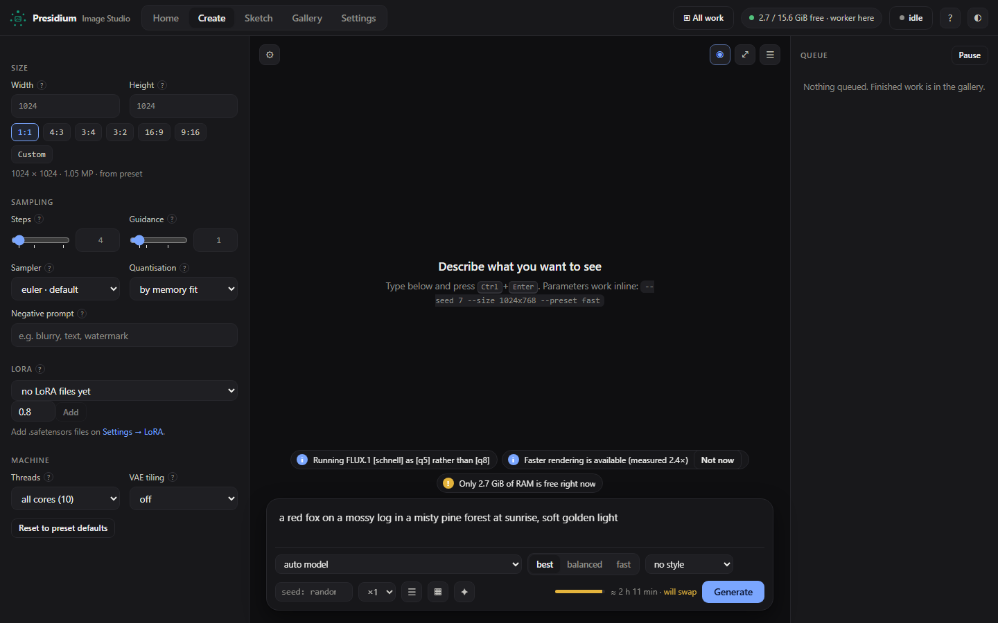 The Create workspace: prompt capsule, settings rail, live preview and queue