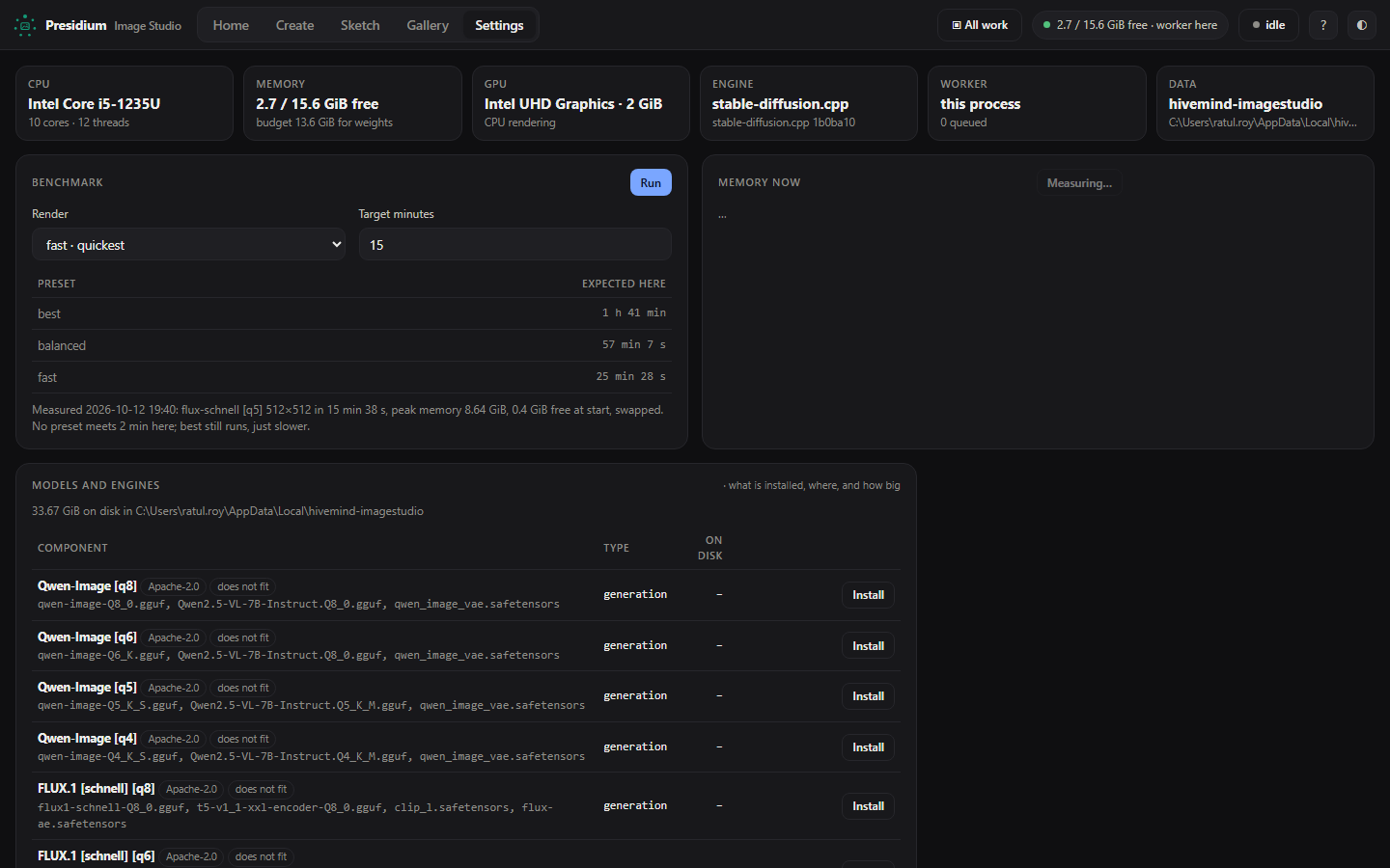 Settings with benchmark, memory and components