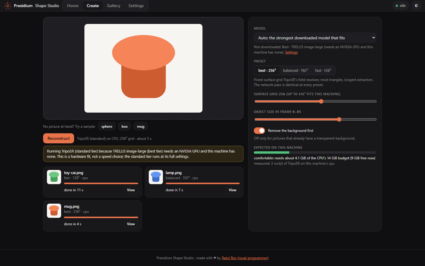 The Create screen: a picture dropped, tier and preset, the expected time with its basis and the load meter