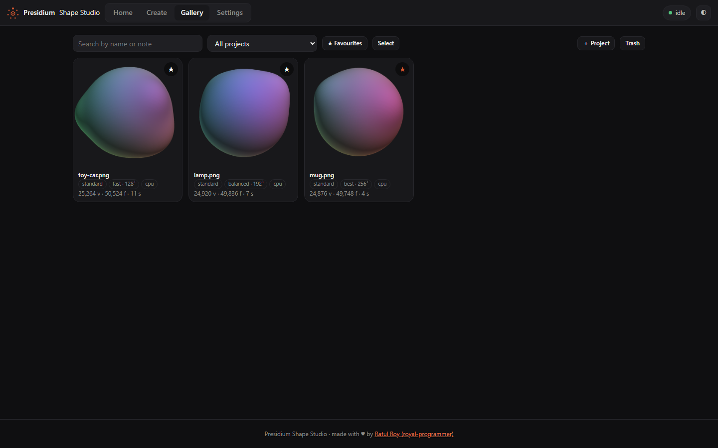 Gallery of meshes with counts, favourites and project filter