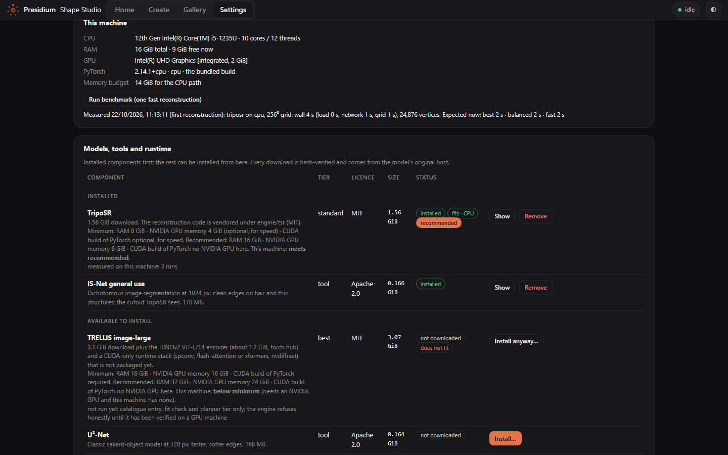 Settings: hardware, runtime, every model with licence and status