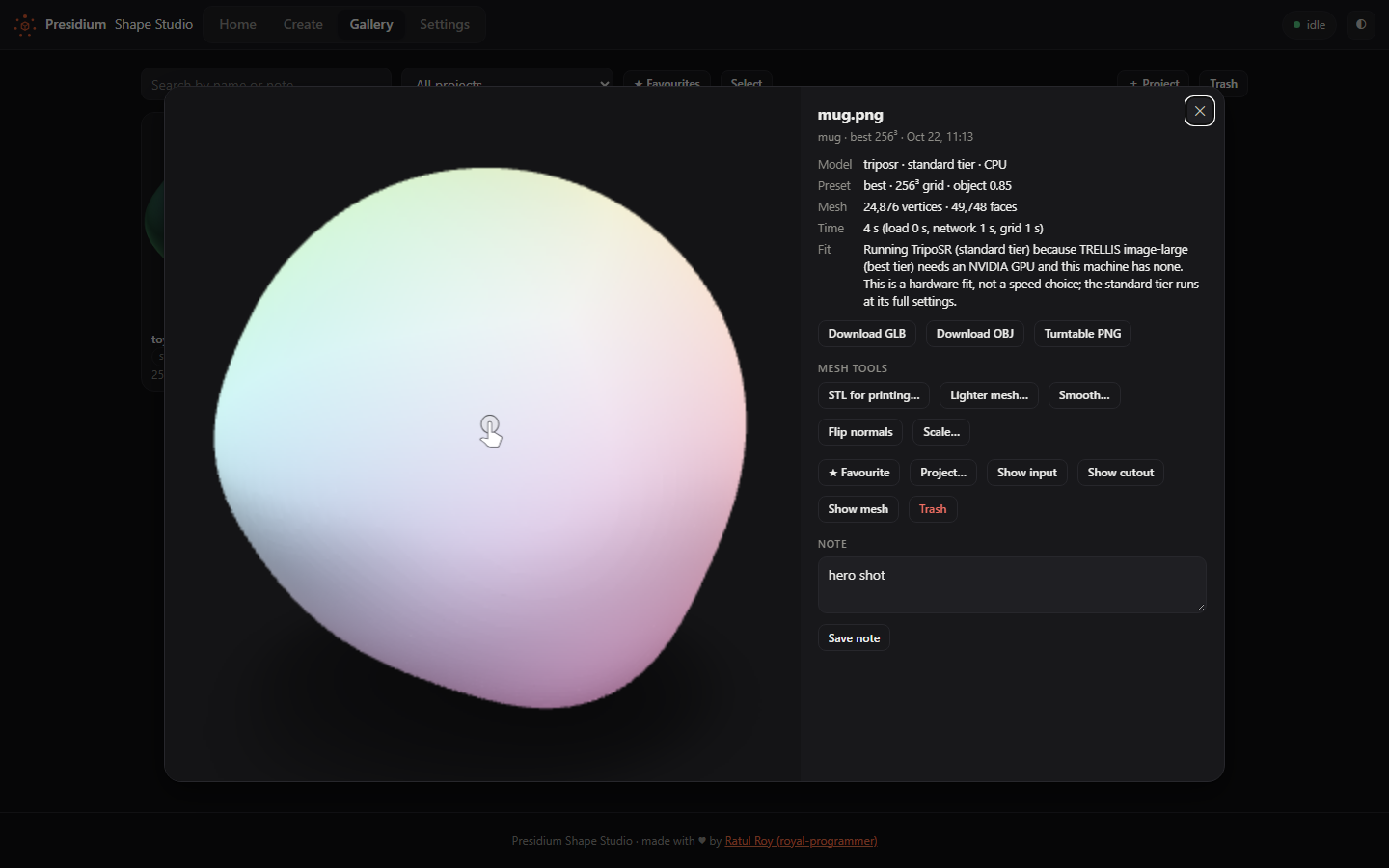 The 3D viewer with mesh stats and downloads